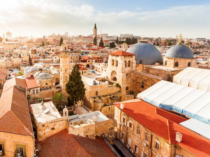 City of Jerusalem from above with view of Church of the Holy Sepulchre