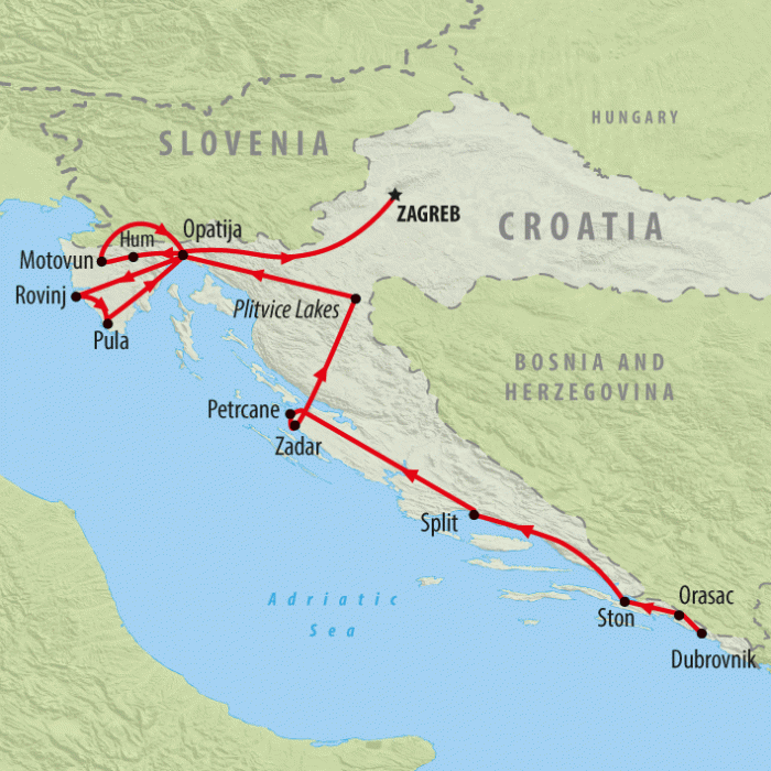 tourhub | On The Go Tours | Croatia Highlights & Hidden Gems - 8 days | 2819/CHHG | Route Map