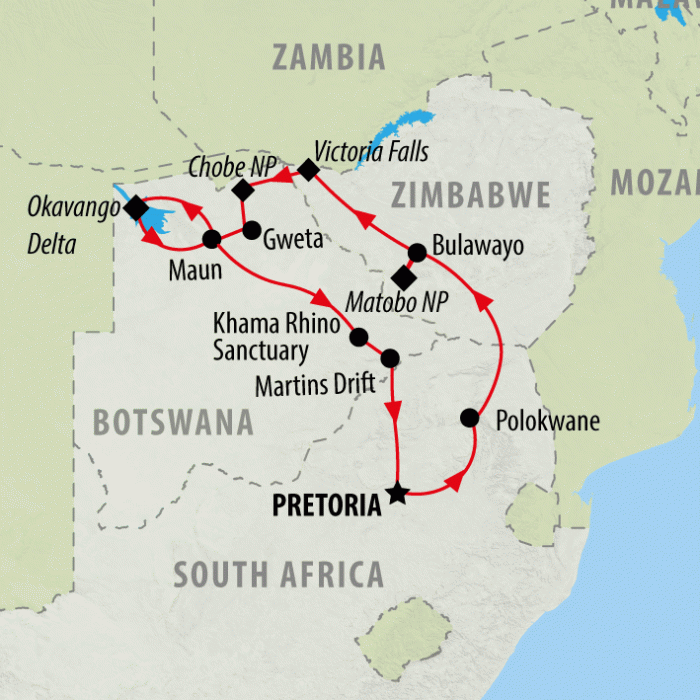 tourhub | On The Go Tours | Delta, Chobe & Falls - 12 Days  | Tour Map
