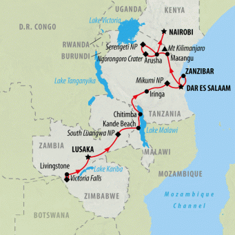 Zambia to Nairobi (Accommodated) - 21 days map