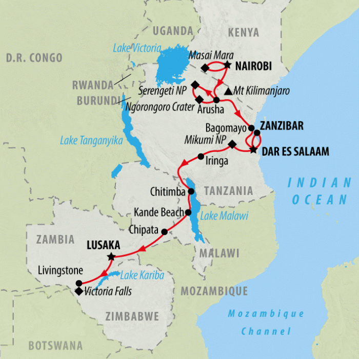 tourhub | On The Go Tours | East Africa Explorer (Accommodated) - 24 days  | Tour Map