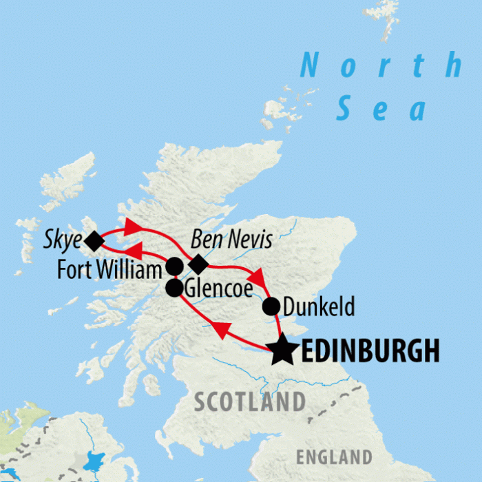 tourhub | On The Go Tours | Edinburgh to the Isle of Skye - 4 days | Tour Map