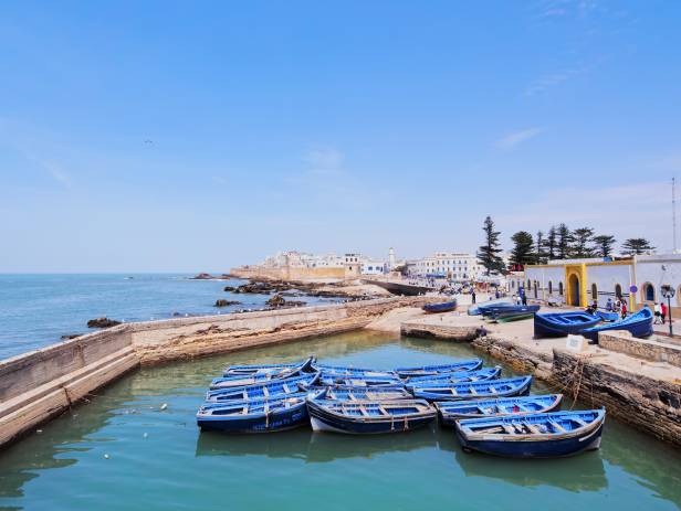 The walled city of Essaouira sitting on the edge of the water