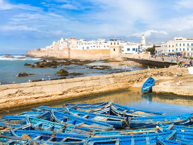 The walled city of Essaouira sitting on the edge of the water