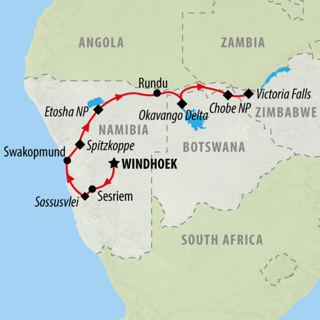 Etosha, Okavango & Chobe - 14 days map