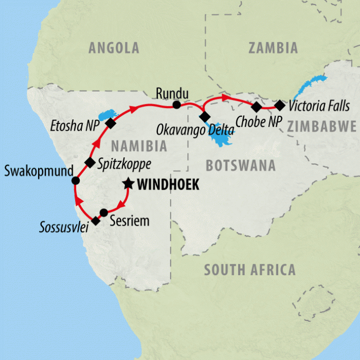 tourhub | On The Go Tours | Etosha, Okavango & Chobe - 14 days | Tour Map