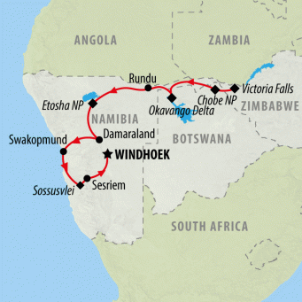 Falls, Botswana & Namibia - 14 days map