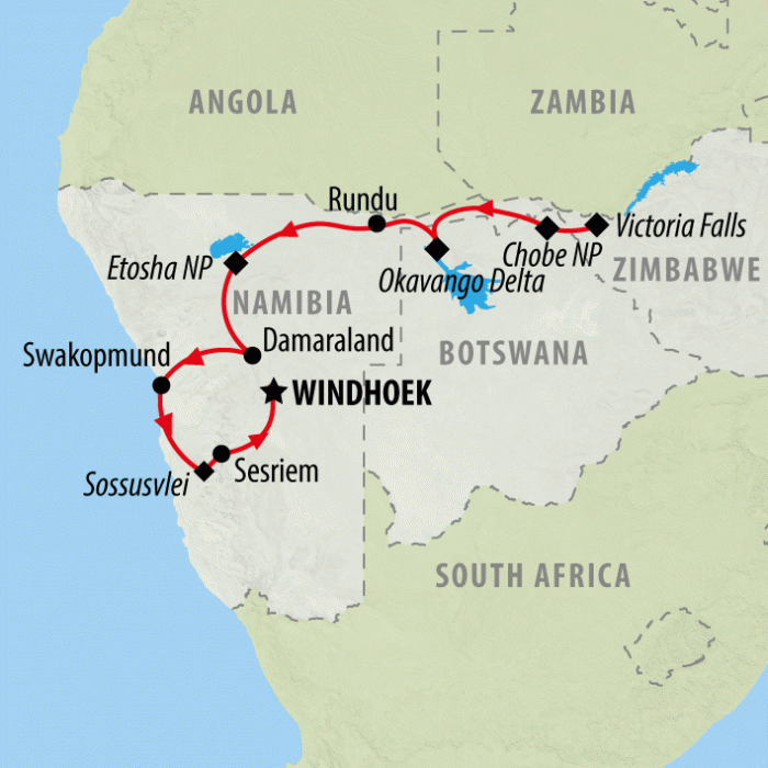 tourhub | On The Go Tours | Falls, Botswana & Namibia - 14 days | Tour Map