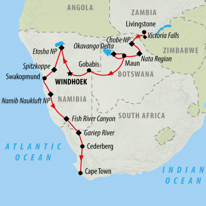 tourhub | On The Go Tours | Falls, Delta & Cape (Accommodated) - 19 days | Tour Map