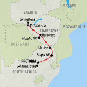 Falls, Matobo & Kruger - 7 days map