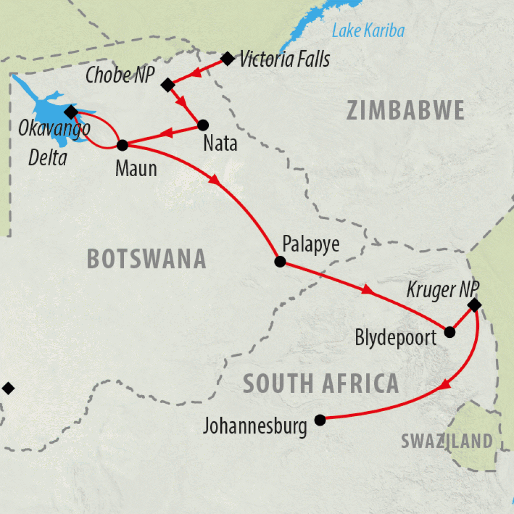 Falls, Botswana and Kruger - 12 days map