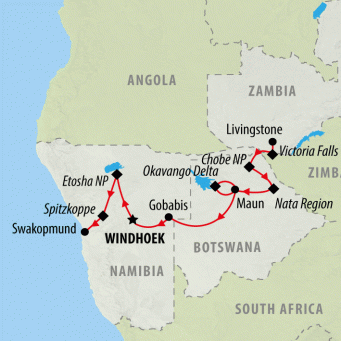 Falls to Namibia (Accommodated) - 12 days map