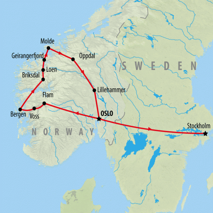 tourhub | On The Go Tours | Fjords, Charms, Traditions & Stockholm - 10 days | Tour Map