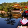 Beautiful lake with a temple in the background in springtime in Kyoto