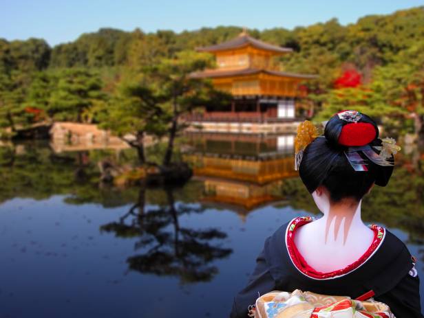 Beautiful lake with a temple in the background in springtime in Kyoto