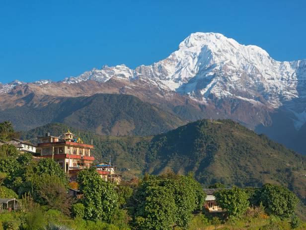 View of the Annapurna mountains in the Himalayas