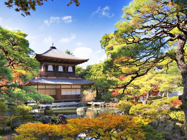 Beautiful lake with a temple in the background in springtime in Kyoto