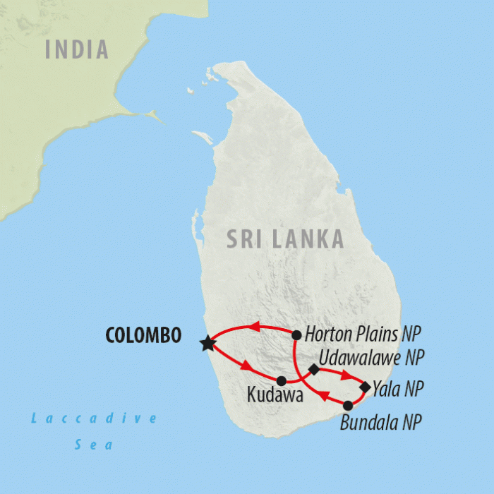 tourhub | On The Go Tours | Sri Lanka Safari, Tour & Trek - 8 Days | 1628/SLSTT | Route Map