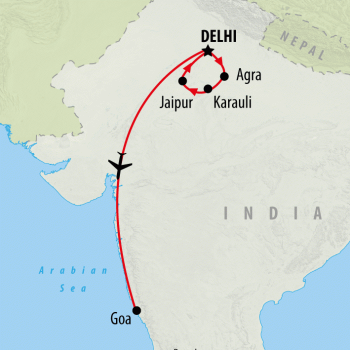 tourhub | On The Go Tours | Golden Triangle & Goa - 13 Days | Tour Map