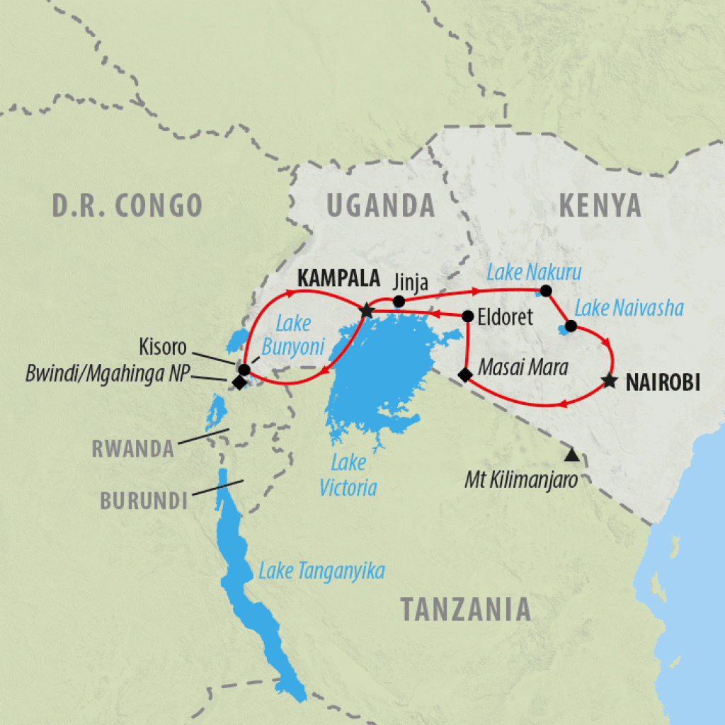 Gorilla and Game Trek - 15 days map