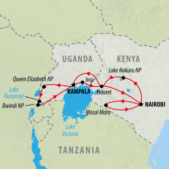 Gorilla Trek & Kenya Safari (Accommodated) - 18 days map
