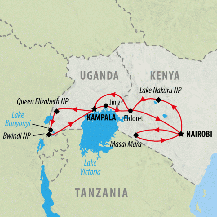tourhub | On The Go Tours | Gorilla Trek & Kenya Safari - 18 days | Tour Map