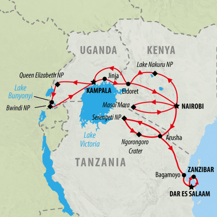 tourhub | On The Go Tours | Gorilla Trek, Kenya & Tanzania (Accommodated) - 28 days | Tour Map