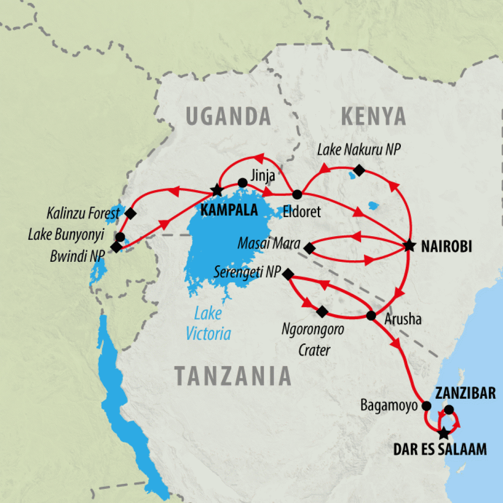 Gorilla Trek, Kenya & Tanzania - 28 days Map