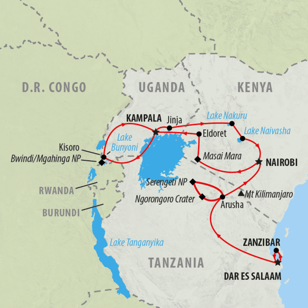 Gorilla Trek & Tanzania Northbound - 25 days map