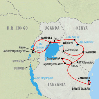 Gorilla Trek & Tanzania Northbound - 25 days map