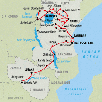 Gorillas & East Africa Explorer - 39 days map