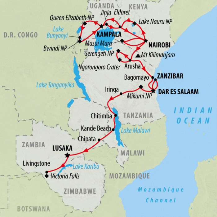 tourhub | On The Go Tours | Gorillas & East Africa Explorer (Accommodated) - 39 days | Tour Map