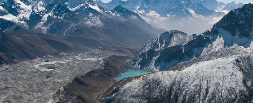 View of the mountains and the turquoise Gokyo Lakes