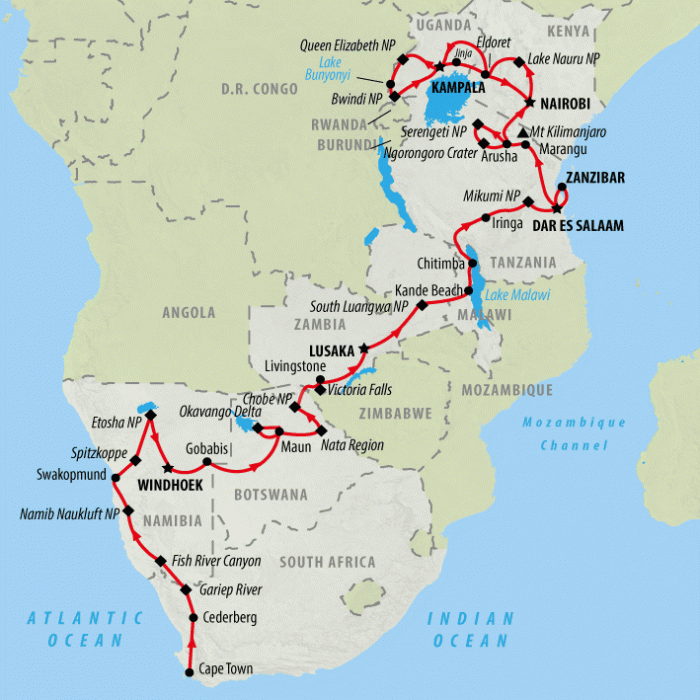 tourhub | On The Go Tours | Great African Expedition Northbound (Accommodated) - 56 days  | Tour Map