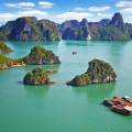 The jade coloured waters of Halong Bay studded with karst islands