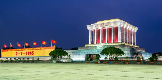 Ho Chi Minh's mausoleum on Ba Dinh Square in Hanoi illuminated at night