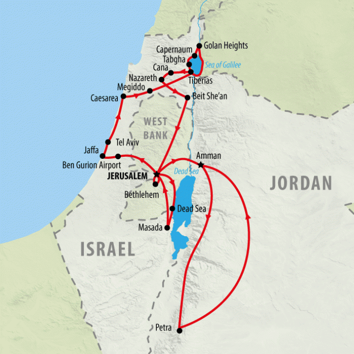 tourhub | On The Go Tours | Heritage, Holy Land & Jordan 5 star - 11 days | Tour Map