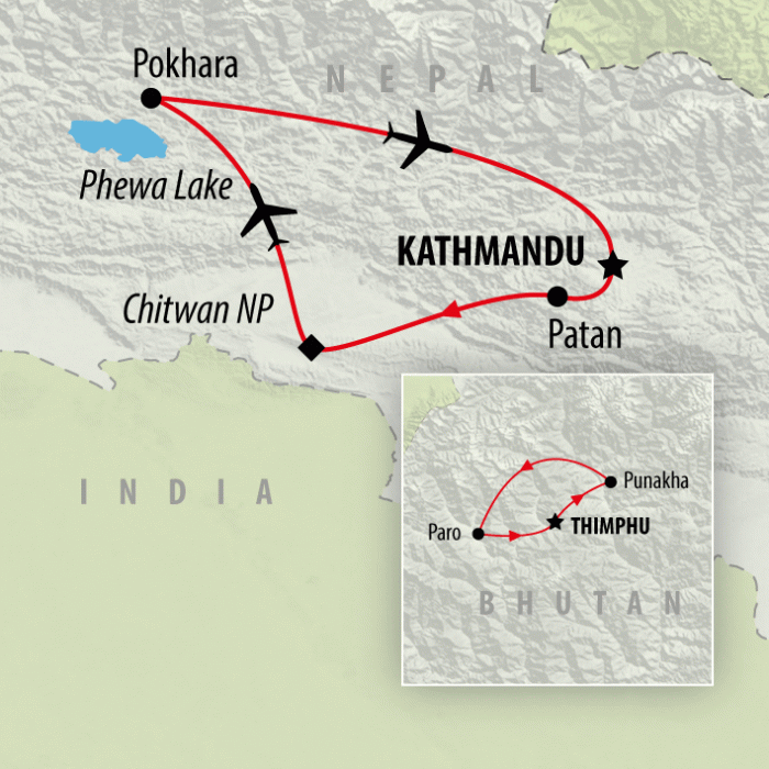 tourhub | On The Go Tours | Highlights of Bhutan & Nepal - 15 Days | Tour Map