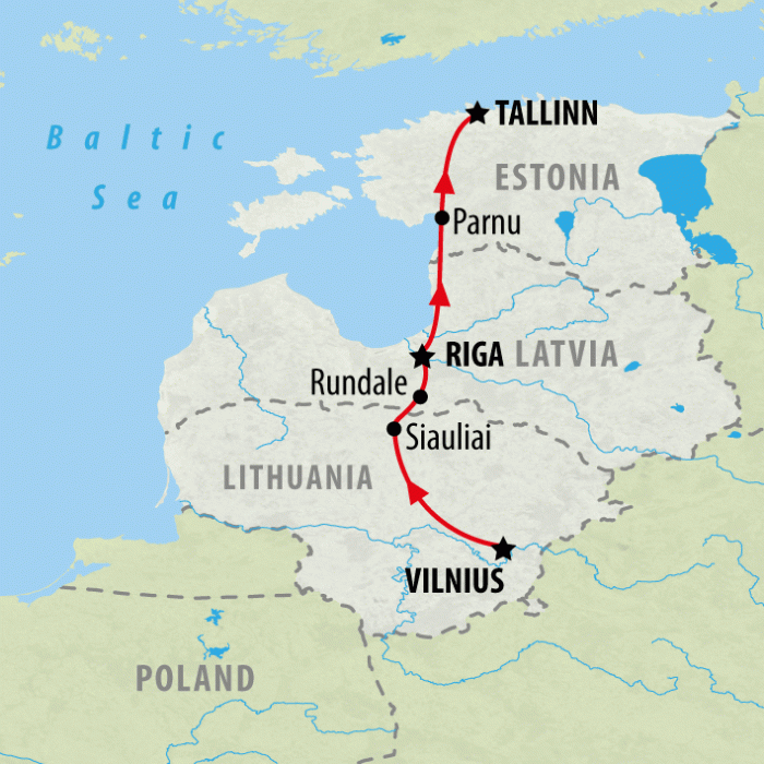 tourhub | On The Go Tours | New Year Highlights of the Baltics - 8 days | Tour Map