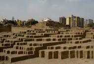 The adobe flat-top pyramid of the pre-Colombian temple complex of Huaca Pucllana in Lima