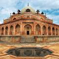 Humayun's tomb glowing in the waning sunlight in Delhi