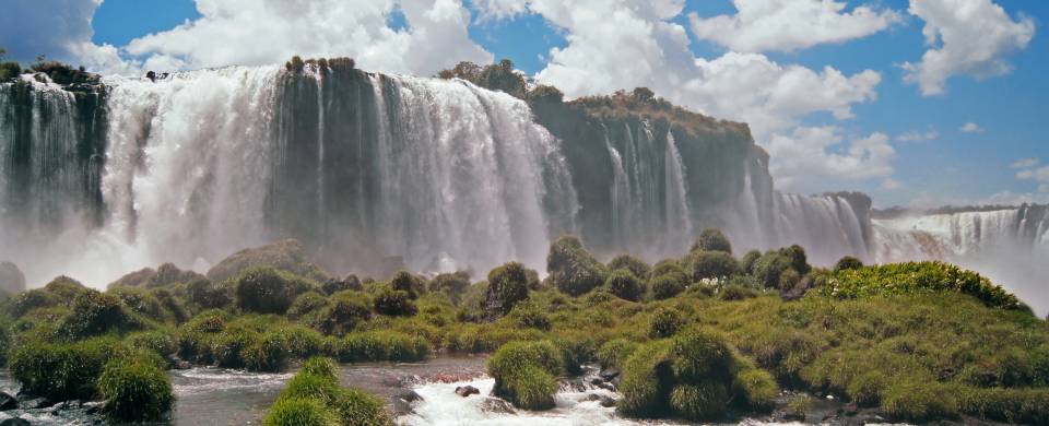 Powerful cascades of white water at Iguazu Falls