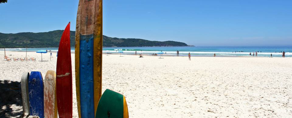 Sufboards in the sand on the beach on Ilha Grande