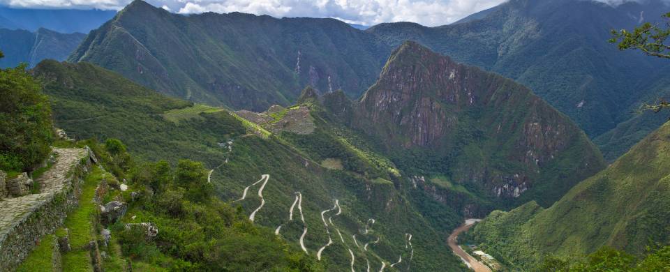 Winding road up the side of a mountain as seen from the Inca Trail