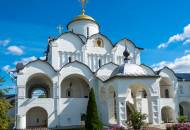 The attractive grounds and whitewashed cathedral of the Intercession Convent in Suzdal