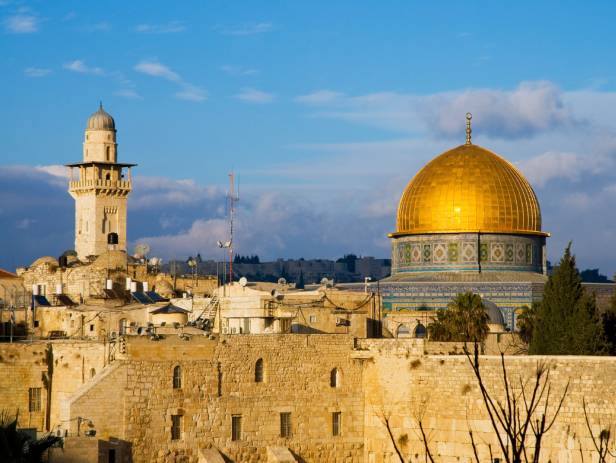 The famous golden Dome, sparkling in the sunset, along with the rest of the city of Jerusalem