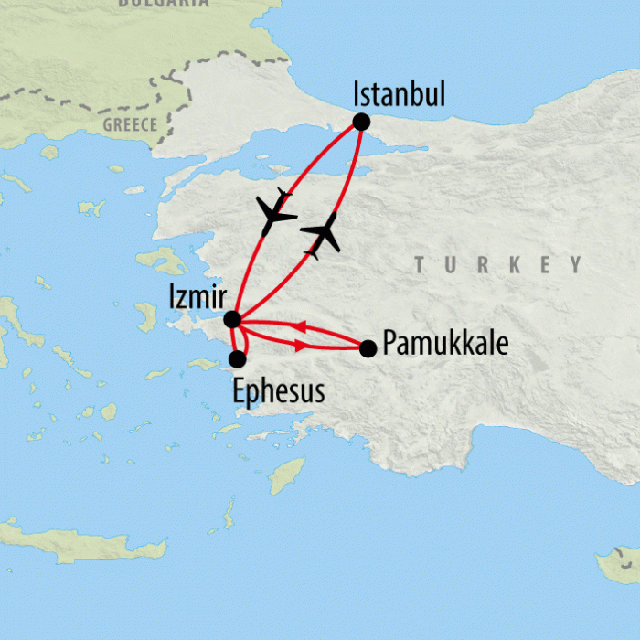 tourhub | On The Go Tours | Istanbul, Ephesus & Pamukkale 5 star - 4 days   | Tour Map