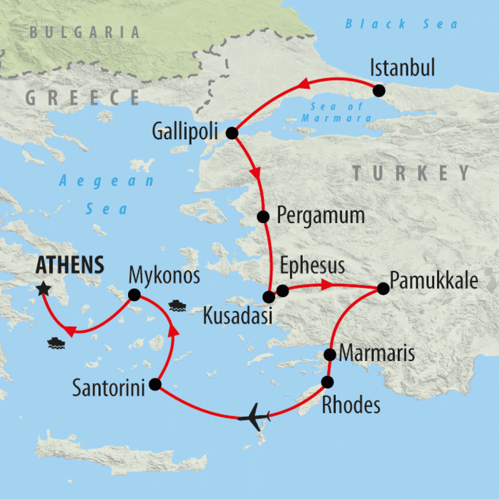 Istanbul to Athens - 14 days map