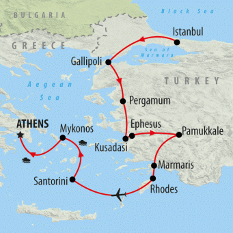 Istanbul to Athens - 14 days map