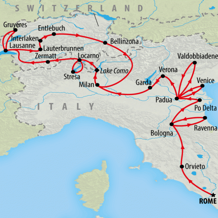 tourhub | On The Go Tours | Italian & Swiss Highlights - 13 days | Tour Map